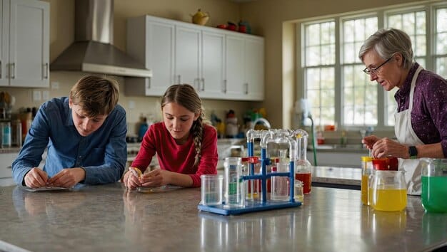 A child and parent are engaged in a simple science experiment in their kitchen, with colorful liquids in clear containers, fostering a sense of discovery and hands-on learning within the home.