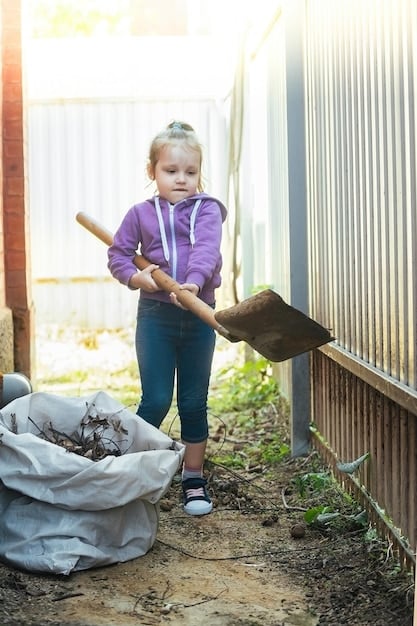 A child is happily digging in a small raised garden bed in a backyard, wearing gardening gloves and surrounded by healthy green plants, emphasizing the importance of outdoor play and connection with nature for development.