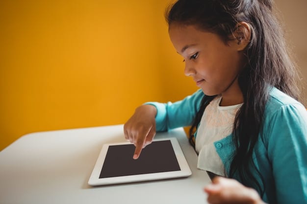 A child using a tablet in a focused manner, with an educational app open. The tablet screen shows colorful, accessible learning content, suggesting technology as a helpful tool for children with diverse learning needs. The background is a clean, modern home study space.