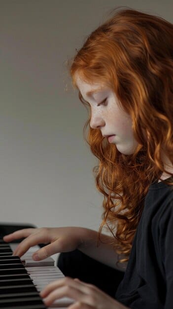A young girl, aged around 5, looking intently at sheet music while playing a small keyboard, her brow slightly furrowed in concentration. The background is softly blurred, highlighting her focus.