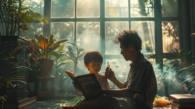 A calm adult explaining a serious topic to an elementary school-aged child using a simple diagram or picture book, illustrating thoughtful communication.