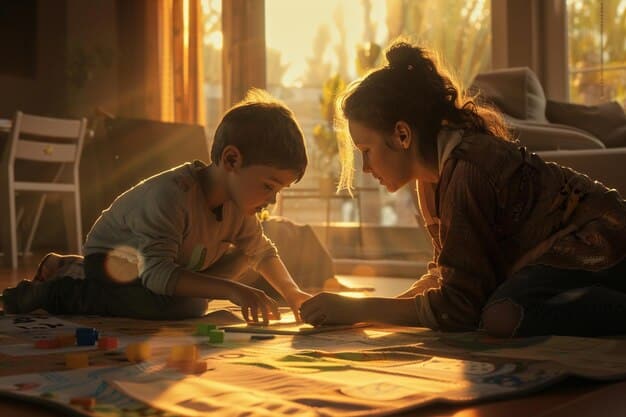 A child concentrating on a puzzle, showing self-regulation and problem-solving skills, with a parent gently guiding in the background.