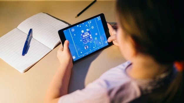 A student interacting with an AI interface on a tablet, with complex data visualizations in the background, representing the use of AI in education and its impact on cognitive processes.