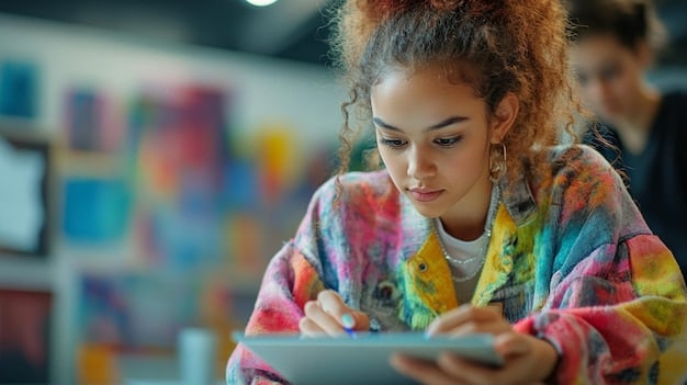 A young Gen Z student thoughtfully organizing digital files on a tablet, surrounded by diverse study materials, illustrating the integration of metacognition with digital learning tools.