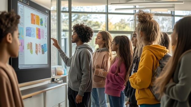 A teacher facilitating a group discussion with Gen Z students, using a whiteboard to map out thought processes and strategies, highlighting collaborative metacognitive learning.