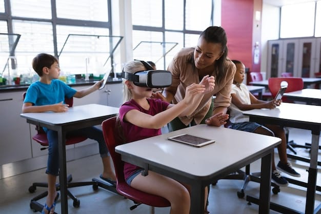 A futuristic classroom setting where Gen Z students are collaborating on an augmented reality project projected onto a shared table surface. Holographic elements and interactive interfaces are visible, symbolizing advanced gamified learning.