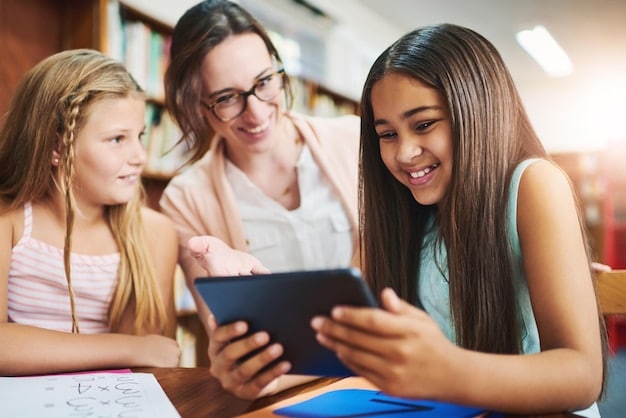 A teacher using a tablet to assess a student's reading progress while the student reads from a physical book, illustrating a blend of traditional and technological assessment methods for early identification.