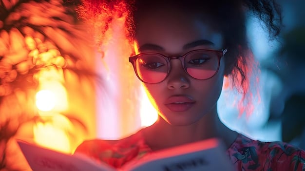 A thoughtful Gen Z student reading a physical book with a focused expression, surrounded by a subtle, glowing aura of concentration, symbolizing deep work amidst digital distractions.
