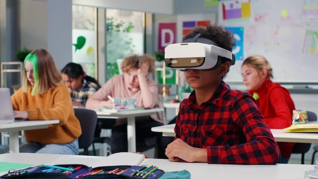 Gen Z students wearing VR headsets and interacting with virtual content in a classroom setting, showcasing immersive and experiential learning. The teacher observes and guides them.