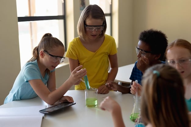 A teacher smiling and interacting with a small group of Gen Z students gathered around a table, emphasizing positive relatedness and collaborative learning in a modern classroom setting.