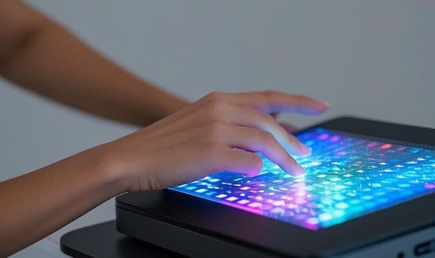 A close-up of a student's hand interacting with a holographic educational projection, showcasing advanced personalized learning technology in a futuristic classroom. The student appears engaged and focused.