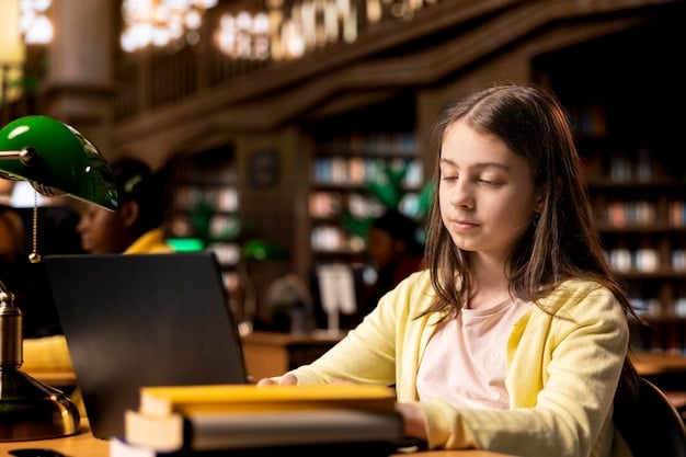 A Gen Z student deeply focused on studying in a quiet library, surrounded by books and a laptop, symbolizing concentration and academic dedication.