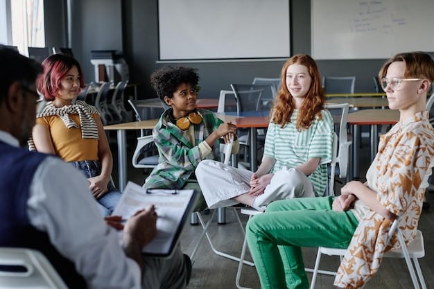 An educator leading a small group of Gen Z students in a classroom discussion, facilitating active listening and respectful dialogue, emphasizing engaged learning.