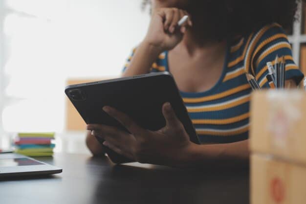 A student discreetly reporting an incident on a tablet, with a blurred school counselor in the background, symbolizing accessible and confidential reporting mechanisms within an educational setting.