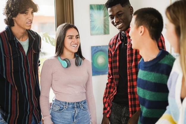 Gen Z students engaged in a lively group discussion, with one student actively presenting while others listen attentively, showing respect and reciprocal communication.