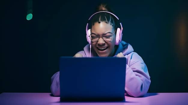 A Gen Z student wearing headphones, intensely focused on a laptop screen, surrounded by a comfortable and personalized study setup including plants and motivational posters, illustrating an ideal online learning environment.