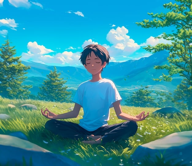 A serene illustration of a Gen Z student meditating or practicing mindfulness in a calm, organized room, with a blurred laptop in the background, symbolizing the integration of mental well-being with flexible online learning.