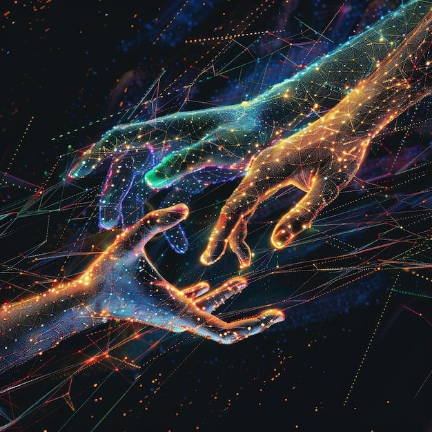 An abstract image symbolizing the integration of technology and human connection, possibly showing intertwined lines of code and human hands, representing the future of SEL in a digital world.