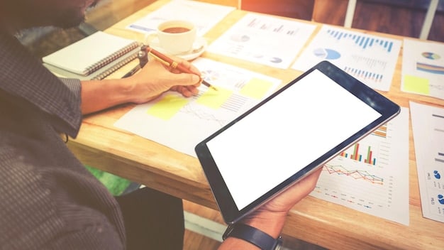 A researcher studying data on a tablet, with charts and graphs in the background related to educational psychology and student outcomes, symbolizing the ongoing research and data analysis in the field of SEL. The lighting is focused, suggesting a serious academic setting.