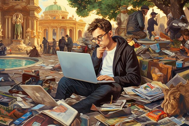 A young person meticulously researches housing policy documents on a laptop, surrounded by books on social justice and urban planning, symbolizing Gen Z's deep dive into systemic solutions.