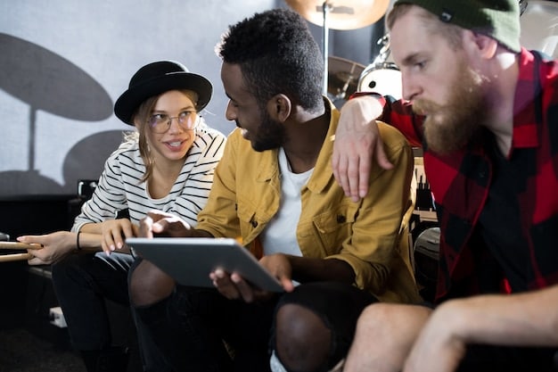 A diverse group of Gen Z individuals engaged in a media literacy workshop, looking at screens and discussing, with diagrams of critical thinking skills projected behind them.