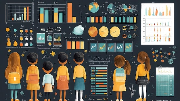 An infographic displaying various data points and charts related to internet access and student performance, with arrows indicating positive trends, emphasizing evaluation and progress.