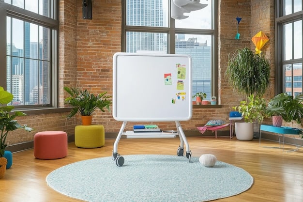 A bright, modern school counseling office with a whiteboard showing positive affirmations and a comfortable chair, creating an inviting and supportive atmosphere.