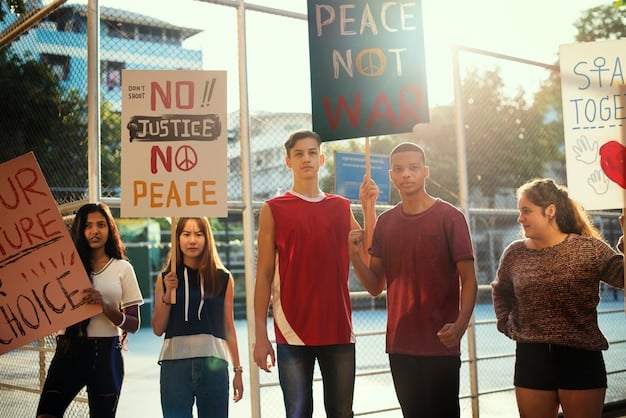 A group of Gen Z advocates leading a peaceful protest or March for social justice, holding signs with anti-racism messages. The background shows an urban setting with supportive onlookers.