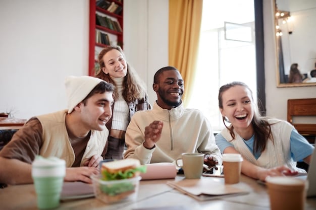 A communal table on a college campus with students laughing and sharing a diverse, healthy meal, emphasizing community and well-being.