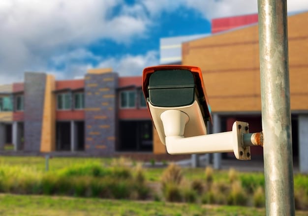 A school security camera with a digital overlay showing facial recognition or threat detection, symbolizing the integration of technology in school safety measures, with children playing safely in the background.
