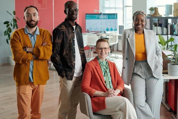 A diverse group of young professionals in a modern, inclusive office setting, emphasizing collaboration and diverse identities.
