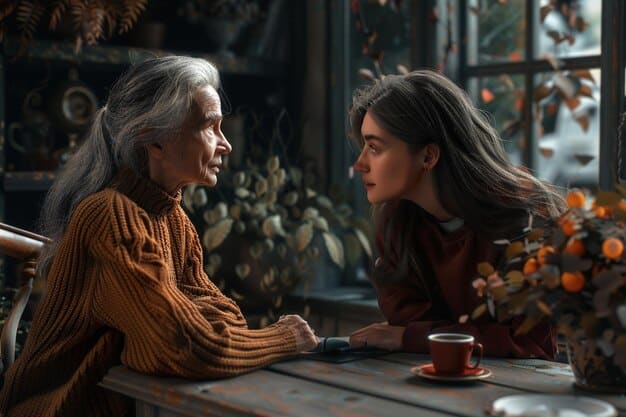 A grandmother and granddaughter engaged in a warm conversation, representing intergenerational understanding and the sharing of evolving social values.