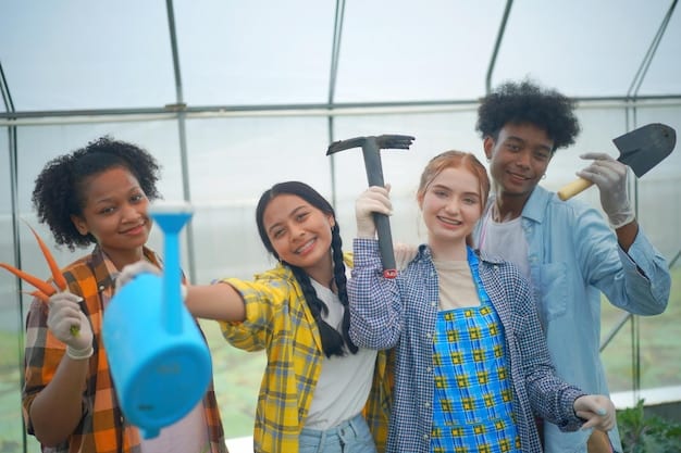 A depiction of Gen Z individuals actively engaged in a community clean-up project, smiling and collaborating, showcasing practical civic engagement and teamwork. The image is bright and hopeful.