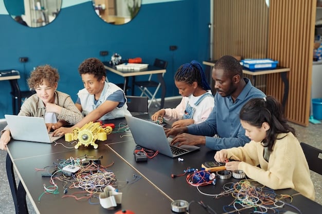 A diverse group of Gen Z students collaborating around a table, engaged in a hands-on project involving coding and robotics, illustrating modern experiential learning in education.