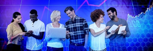 A diverse group of Gen Z individuals looking hopeful, interacting with a digital interface showing charts and graphs related to financial relief, with a background of modern city skylines.