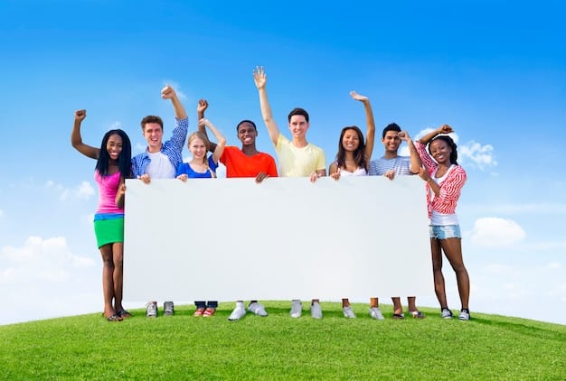A vibrant, diverse group of young people participating in a climate march, holding creative signs with environmental slogans, against a backdrop of a city skyline with a bright, hopeful sky.