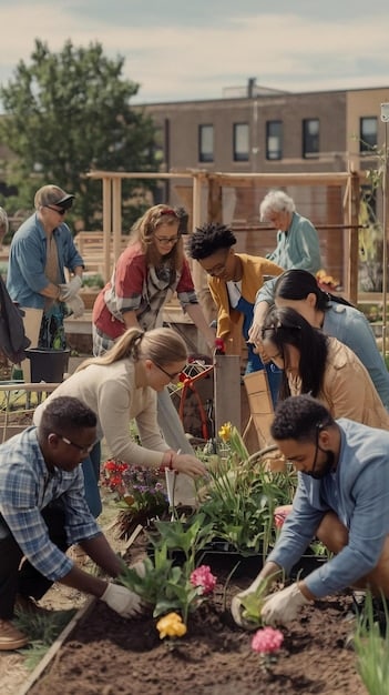 A thriving community garden with diverse people working together, symbolizing community investment and growth.