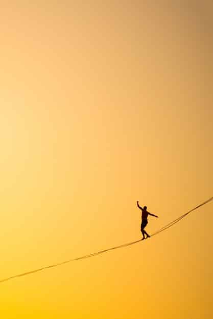 A visual metaphor of a tightrope walker balancing across a wide chasm, symbolizing the delicate balance needed between political will and public support to implement new economic policies successfully.