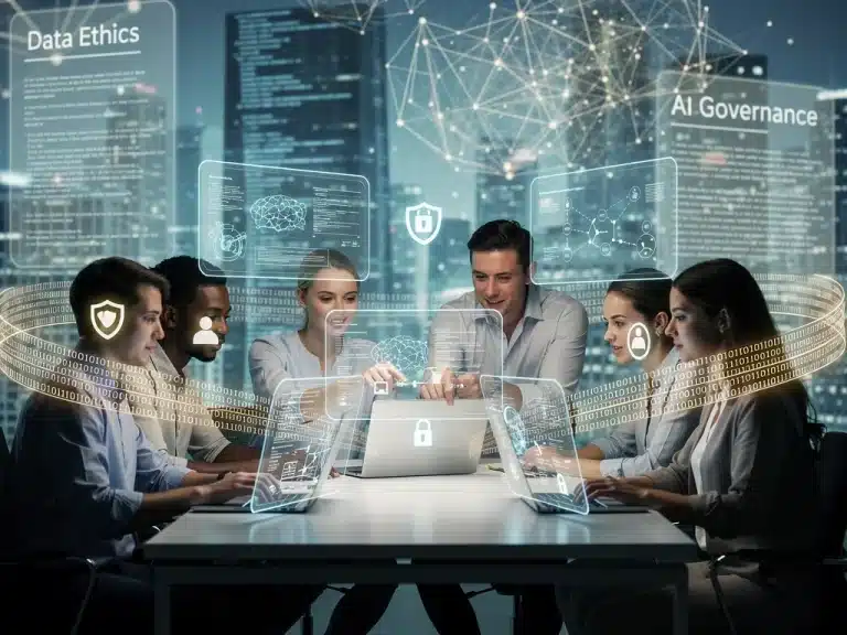 Youth engaging with AI interfaces, highlighting ethical policy considerations