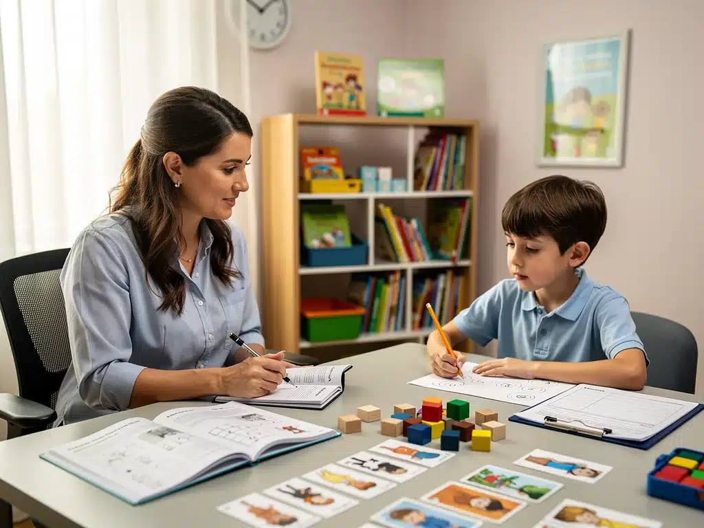 Educational psychologist assessing a young child for developmental milestones