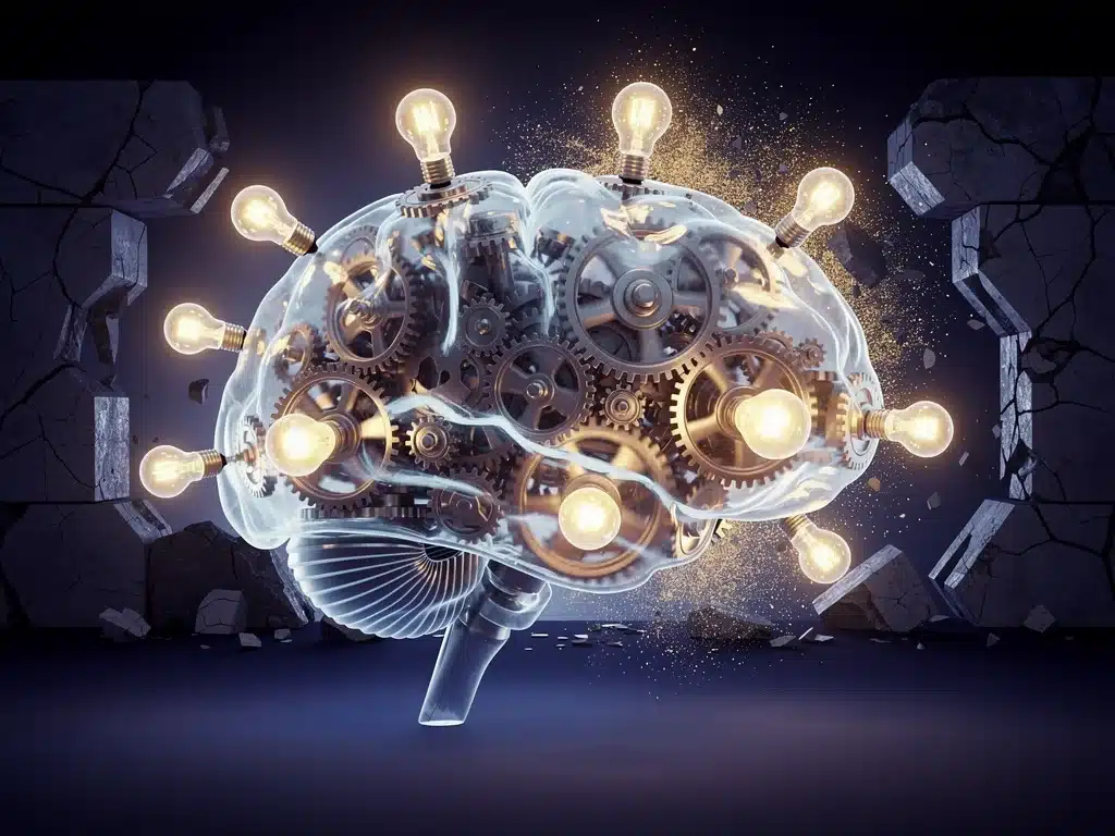 Brain with gears and light bulbs symbolizing cognitive growth and adaptability.