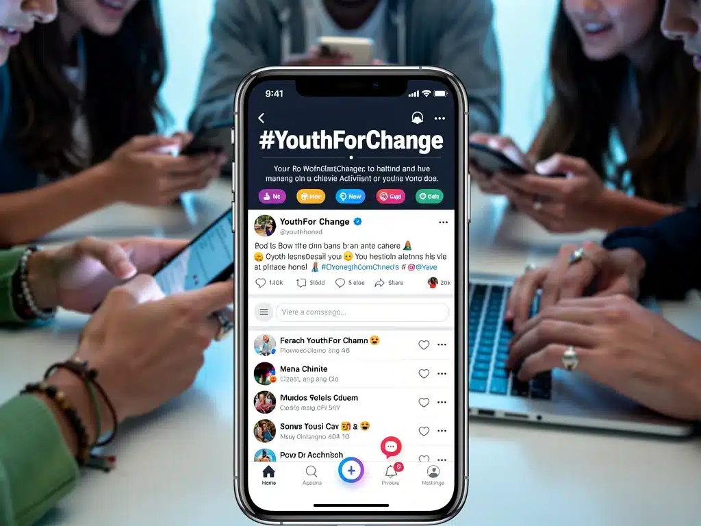 Smartphone displaying a trending social media hashtag for youth activism.