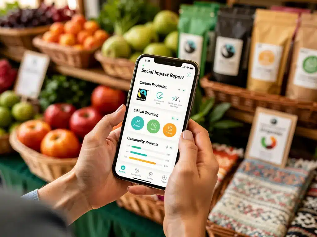 Smartphone displaying a brand's social impact report, emphasizing digital transparency for Gen Z consumers.