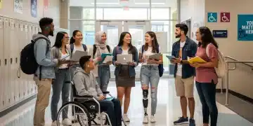 Diverse Gen Z students in an inclusive US school hallway
