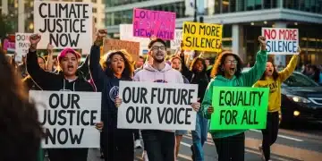 Gen Z activists marching for social change in a city street, holding protest signs.