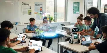 Gen Z students interacting with AI tools in a classroom, symbolizing future education