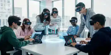 Gen Z students interacting with AI learning tools in a futuristic classroom