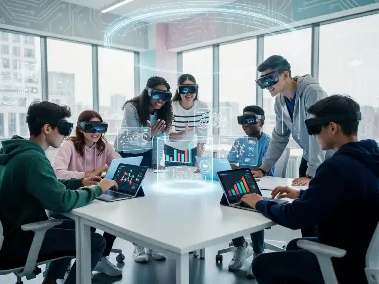 Gen Z students interacting with AI learning tools in a futuristic classroom