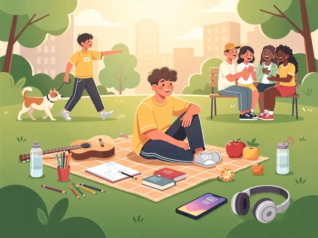 Gen Z engaging in balanced activities, including nature, hobbies, and mindful tech use.