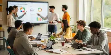 Gen Z students collaborating in a modern classroom with technology